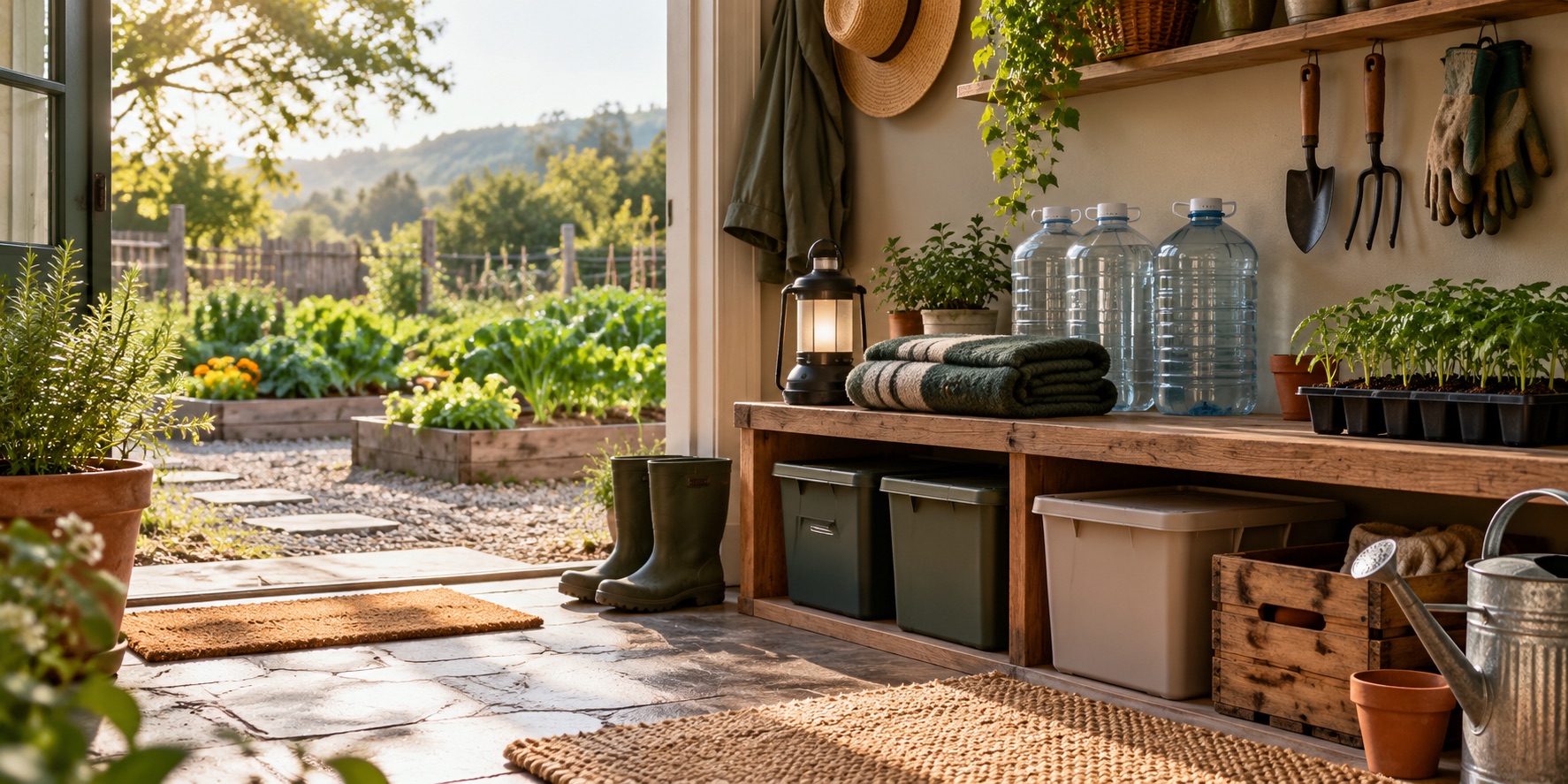 An organized household readiness area with water, a lantern, seedlings, and a kitchen garden